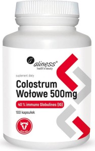 Wołowe colostrum 500mg 40% imuno Glbulines IG 100 kapsułek Aliness