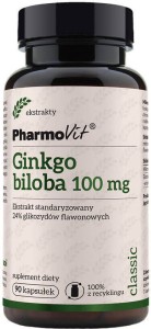 Miłorzab japoński Ginkgo biloba ekstrakt standaryzowany 24% glikozydów flawonowych 100mg 90 kapsułek PharmoVit