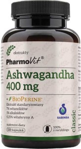 Żeń-szeń indyjski Ashwagandgha 400mg + BioPerine ekstrakt standaryzowany 120 kapsułek PharmoVit