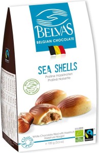 Belgijskie czekoladki białe z nadzieniem orzechowym Sea Shells bezglutenowe fair trade bio 100 g - Belvas