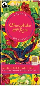 CZEKOLADA SZWAJCARSKA MLECZNA Z KARMELIZOWANYMI ORZECHAMI LASKOWYMI I SOLĄ MORSKĄ FAIR TRADE BIO 80 g - CHOCOLATE AND LOVE