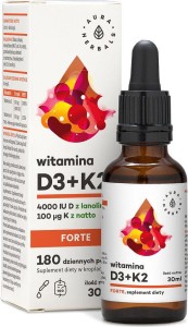 Witamina D3 D-3 4000 IU z lanoliny + K-2 K2 MK7 100 mcg z natto Forte w płynie 30ml Aura Herbals