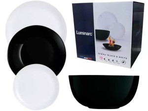 Serwis obiadowy biało czarny Diwali Luminarc 19 elementów talerze dla 6 osób