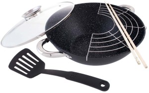 Patelnia wok indukcja/gaz Kamille 4806MR żeliwna 28cm z pokrywką i sztućcami