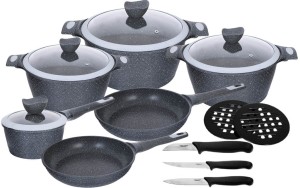 Garnki marmurowe na indukcję GierCook w zestawie z patelniami + noże Fiskars