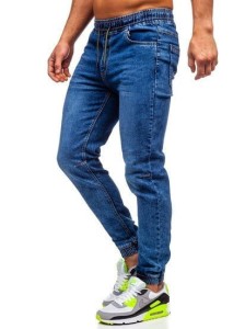 Granatowe spodnie jeansowe joggery męskie 