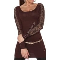 Czekoladowo brązowa tunika z dzianiny z kryształkami | brązowe tuniki damskie 8077