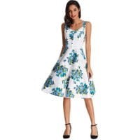 Sukienka w kwiaty odcieniach niebieskiego, w stylu pin-up, stylowe retro