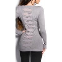 Sweter wełniany z jedwabiem w kolorze szarym | tunika z kryształkami 8185