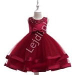 Sukienka dla dziewczynki na wesele zdobiona perełkami, ciemne wino