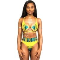 Żółte bikini z wysokim stanem z wzorem etno Dashiki