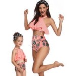 Strój kąpielowy dla mamy i córki koralowy w liście