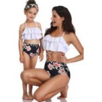 Bikini dla mamy i córki z falbanami biało czarne w kwiaty