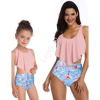 Koralowo błękitne bikini dla mamy i córki z jasnoróżowymi kwiatami