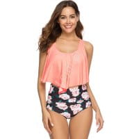 Koralowe bikini z różami o wyszczuplającym kroju