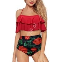 Bikini z falbanami z wysokim stanem - vintage, dwukolorowe czerwono czarne w róże