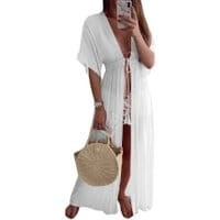 Letnie białe kimono - narzutka z ozdobną taśmą