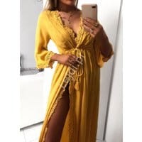 Musztardowe letnie kimono - narzutka z ozdobną taśmą