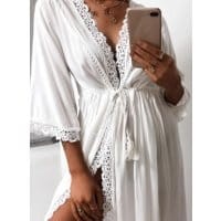 Białe letnie kimono - narzutka z ozdobną taśmą
