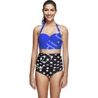 Bikini w stylu retro z majtkami w kropki Plus Size, chabrowe 741