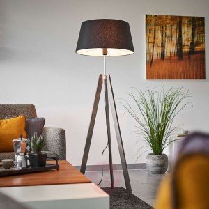 Thea – drewniana lampa stojąca, czarny chintz