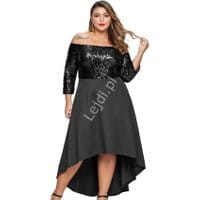 Czarna sukienka plus size z cekinową górą, krótksza z przodu 451