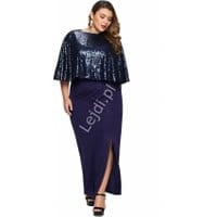 Długa granatowa sukienka plus size z cekinową pelerynką, sukienka 2w1 -225