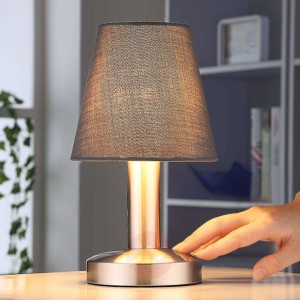 Szara lampa nocna Hanno z materiałowym abażurem