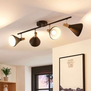 Czarny spot sufitowy LED Arina z drewnem