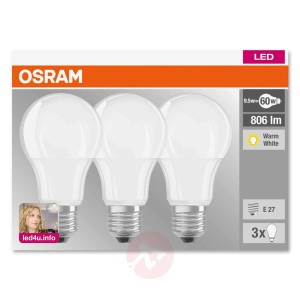 Żarówka LED E27 9W 827, matowa, zestaw 3 szt.