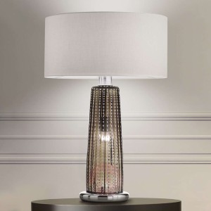 Lampa stołowa Perle, klosz z tkaniny, szare szkło