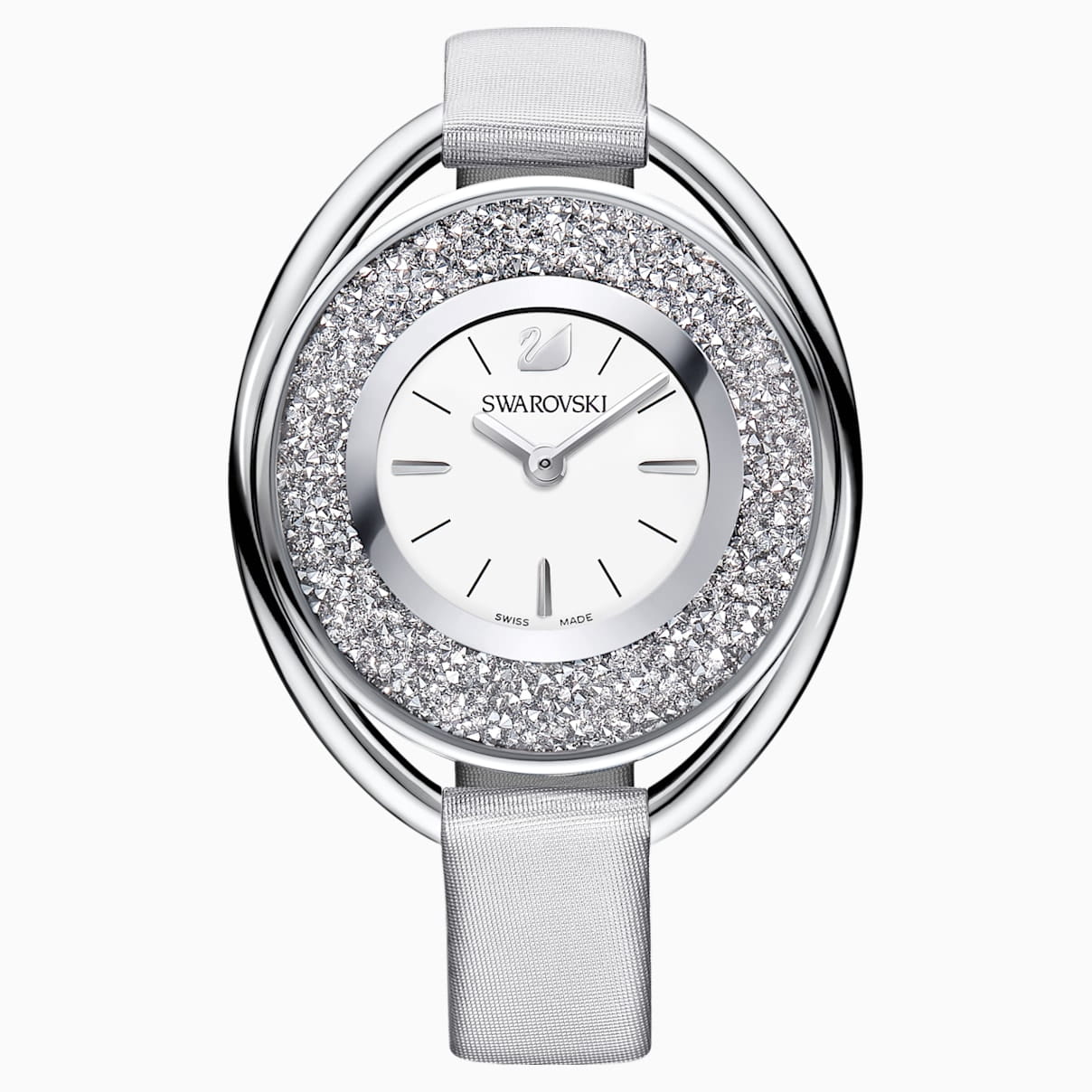 Crystalline Oval Watch, Fabric strap, Gray, Silver tone