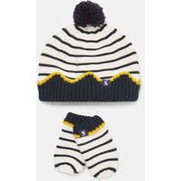 Babys Crown Hat and Mitten Set - CREAM NAVY STRIPE